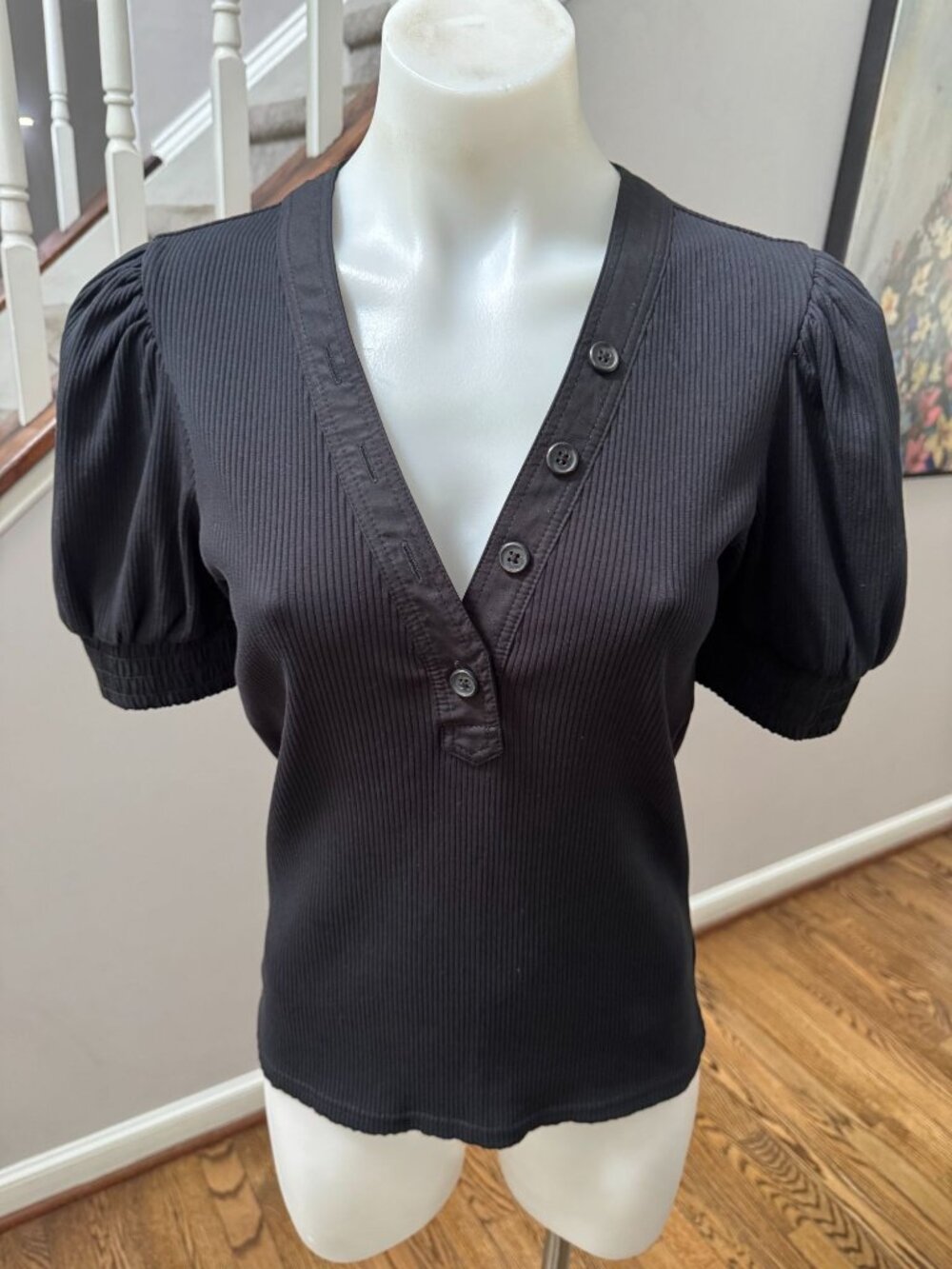 Derek Lam 10 Crosby Ribbed V Neck Puff Sleeve T Shirt Black Small